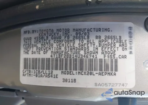 2004 Toyota Avalon Xl z USA, uszkodzony, nr VIN 4T1BF28B14U346741